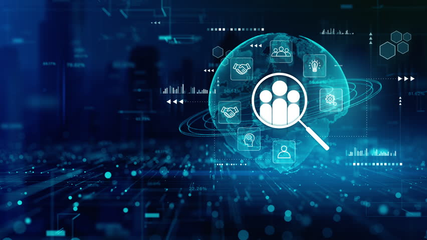 Human resources analytics and recruitment concept with global network, digital icons, and data interface for modern workforce solutions. - Powered by Shutterstock - Get 15% off with code: PIKWIZARD15