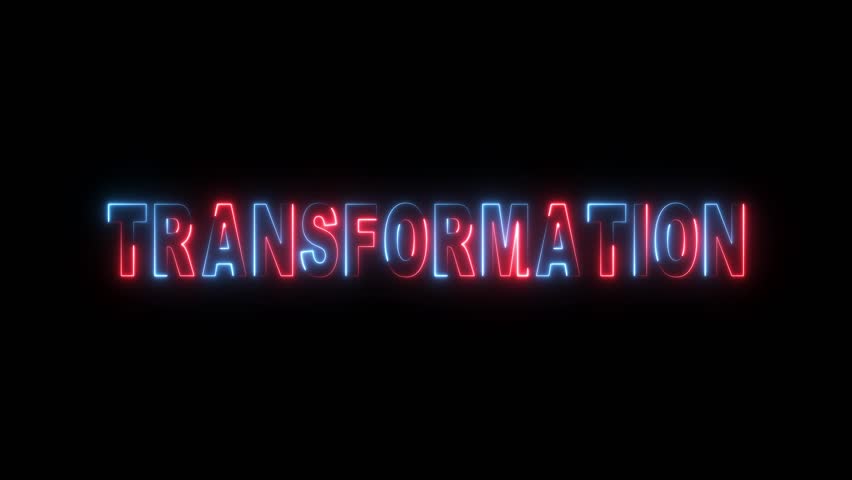 Neon Transformation Sign Animation Loop Blue and Red Glowing Text Against Black Background