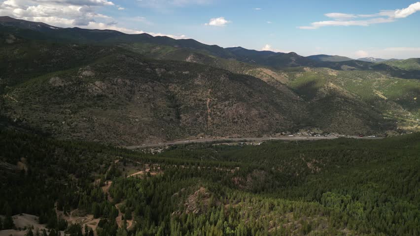Aerial of I70 highway corridor through Colorado near Idaho Springs in summer