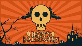 Looping 4K Halloween animation with a spooky skull, flying bats, glowing pumpkins, haunted house, creepy trees, and “Happy Halloween” text on an orange radial background for festive holiday vibes. - Powered by Shutterstock - Get 15% off with code: PIKWIZARD15