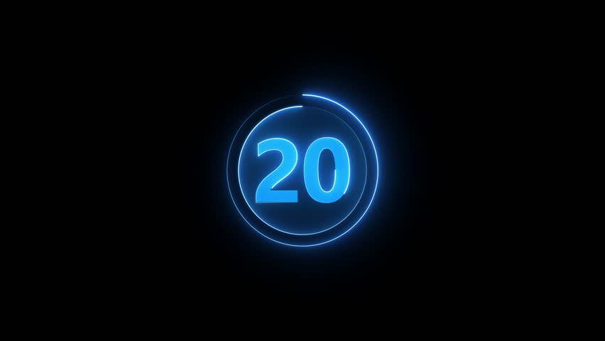 Number 20 Neon Sign 4K Animation - The number 20 written with neon light and the succession of the lines.a circle with a blue neon icon on a black background and the text 20 in the middle of it.