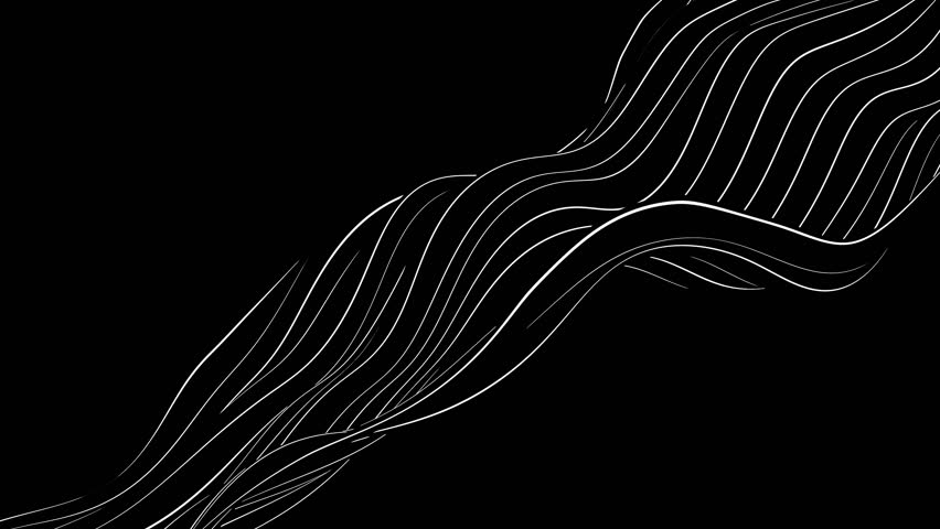 Dynamic twisted spline lines stream diagonally across black background, creating a stylized wave pattern. Perfect for futuristic interfaces, motion backgrounds, and digital visualizations