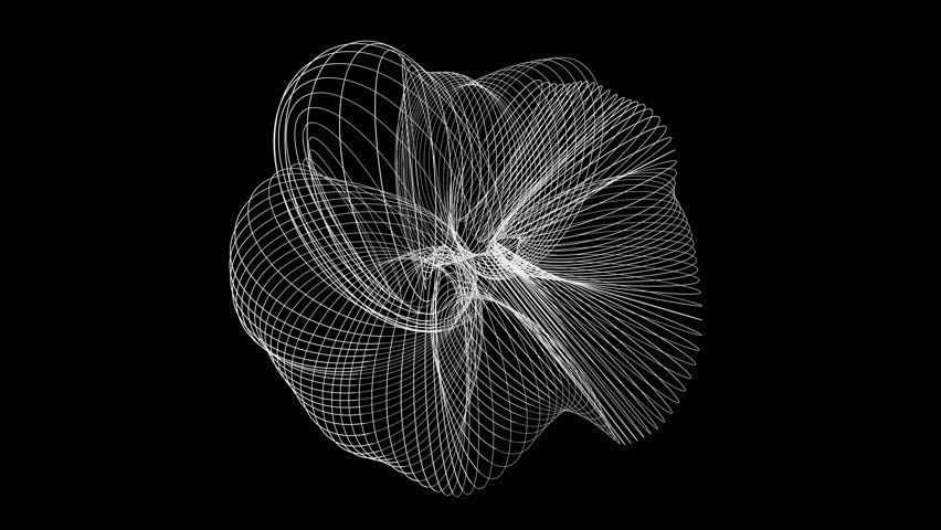 Complex mesh of white spline curves twists and morphs into a volumetric form over black background. Ideal for digital art, motion graphics, and abstract tech visuals.
