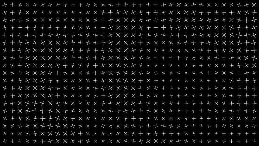 Dense grid of white tilted crosses forming a flowing wave distortion on black background. Modern, rhythmic and geometric visual — ideal for tech art, titles or digital design motion.
