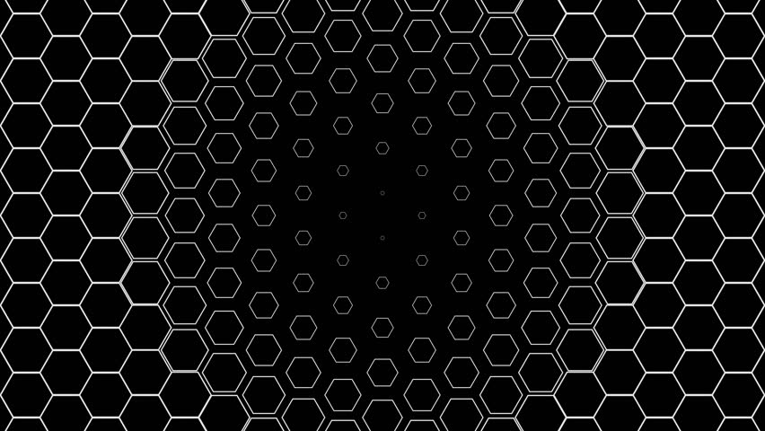 Hexagonal white grid recedes into depth, forming a tunnel-like perspective. Dynamic geometric layout on black background — futuristic, immersive, and clean. Great for tech or sci-fi visuals.