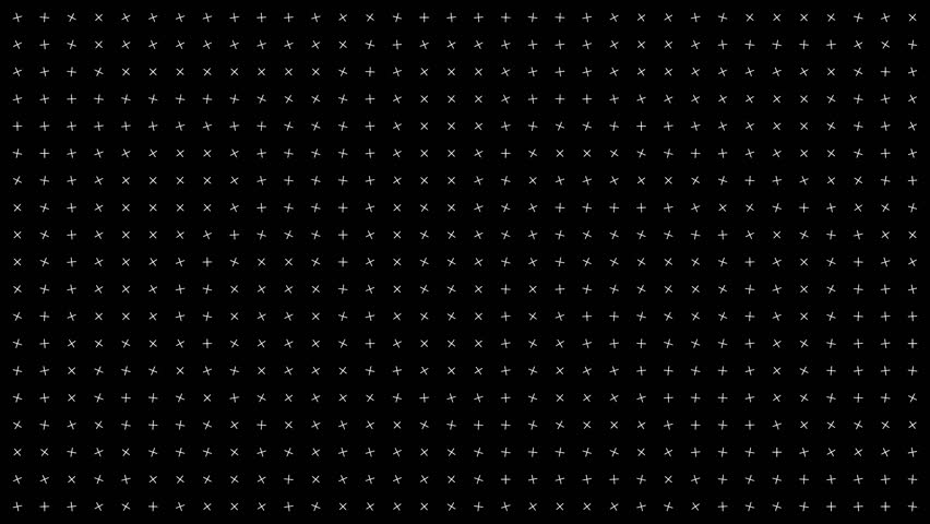 Dense grid of white tilted crosses forming a flowing wave distortion on black background. Modern, rhythmic and geometric visual — ideal for tech art, titles or digital design motion.