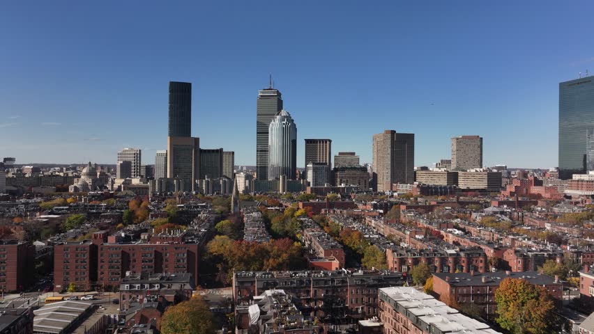 Boston, Massachusetts city skyline aerial drone shot