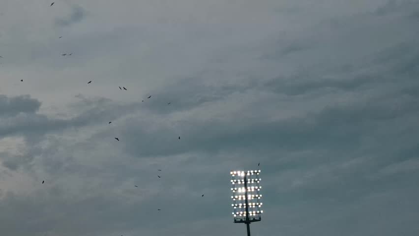 video showing a dark night sky with stadium lights brightly illuminating the surroundings, highlighting urban atmosphere and evening sports ambience