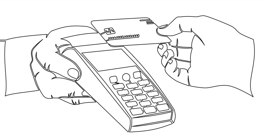 Self drawing line animation A person pays for a purchase by credit or debit card. Contactless payment system or technology continuous one single line drawn concept video