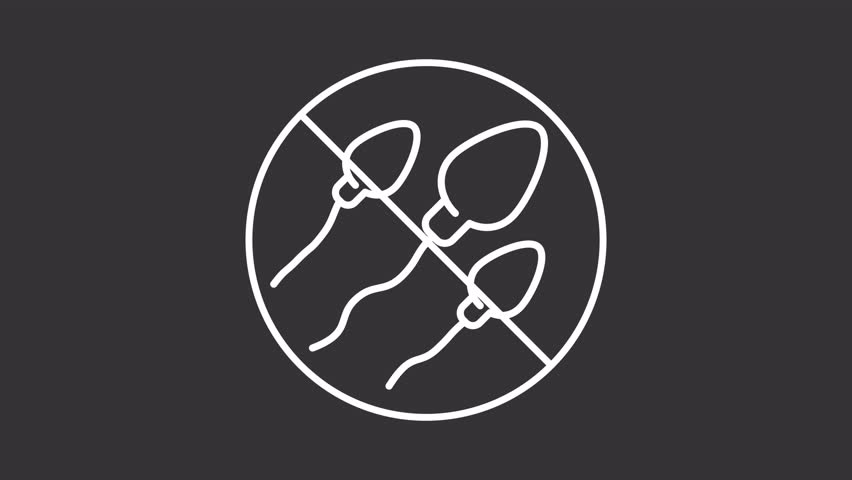 Birth control white line animation. Crossed spermatozoids animated icon. Contraception methods. Family planning strategy. Pro choice. Isolated element on dark background. Alpha transparent video