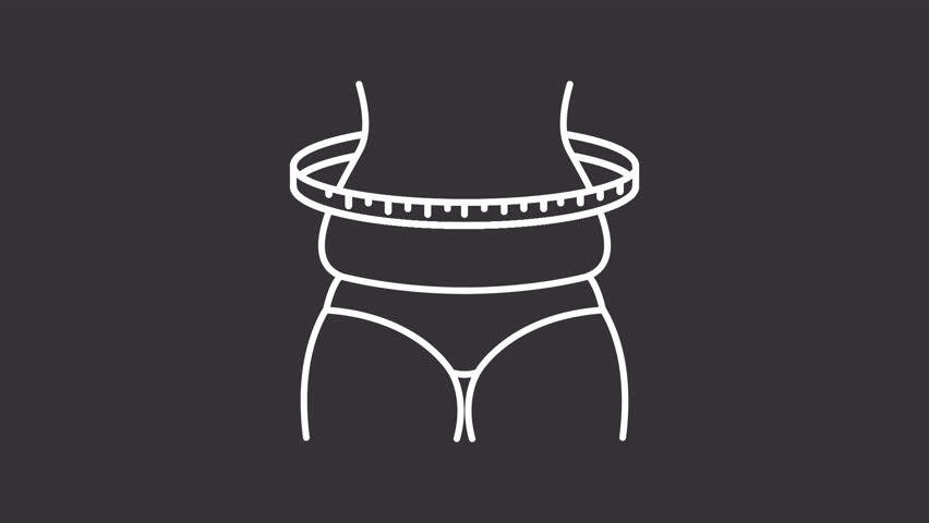 Weight loss white line animation. Thinning woman waist with tape measure animated icon. Dieting to prevent overweight. Body shaping. Isolated element on dark background. Alpha transparent video