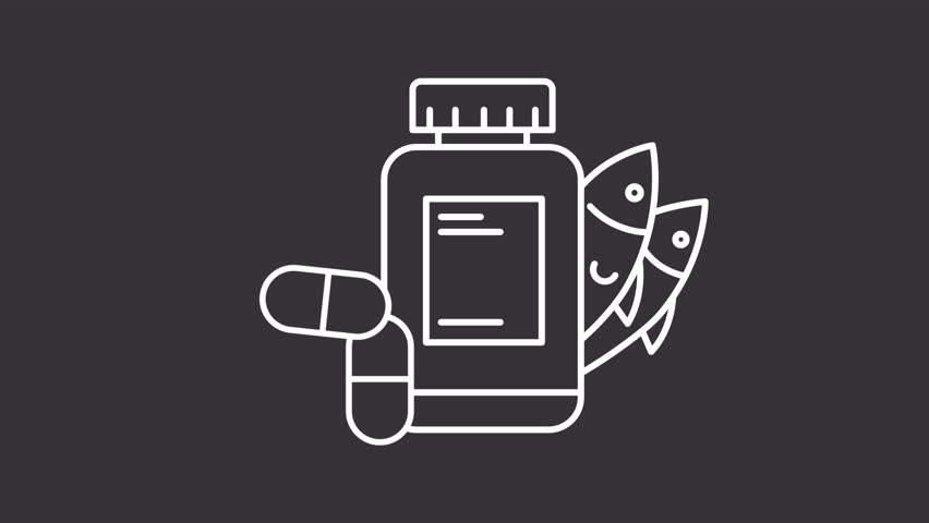 Animated omega acid vitamin bottle white line icon. Fish oil supplement animation. Medication and multivitamin complex. Diet nutrition. Isolated element on dark background. Alpha transparent video