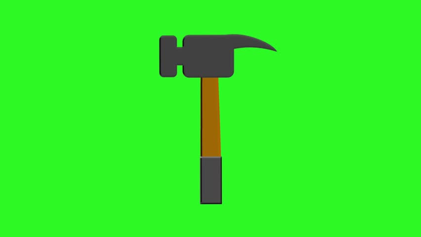 Animation of a 3D cartoon hammer repeatedly hitting a surface. Simple graphic on a green screen background for chroma keying.