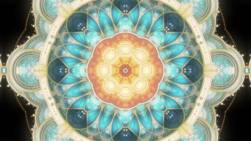 An elegant, jeweled mandala with Art Deco-style patterns in shimmering teal and gold. This 30-sec seamless loop is perfect for luxury branding and sophisticated social media visuals. 9:16 format.