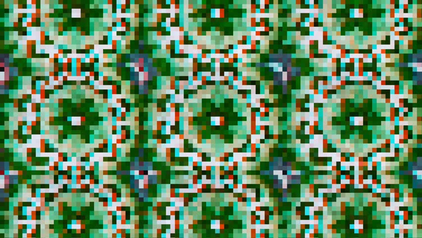 The footage displays a colorful, pixelated pattern that appears to be a digital or abstract representation of a repeating design. It resembles a kaleidoscope or a digital art piece created.
