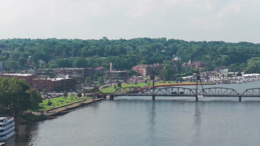 Aerial low panning shot of the lfit bridge in downtown Stillwater, Minnesota. 4K