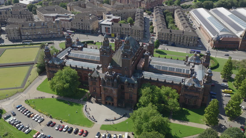 Aerial view of the Kelvingrove Art Gallery and Museum in Glasgow, Scotland, United Kingdom