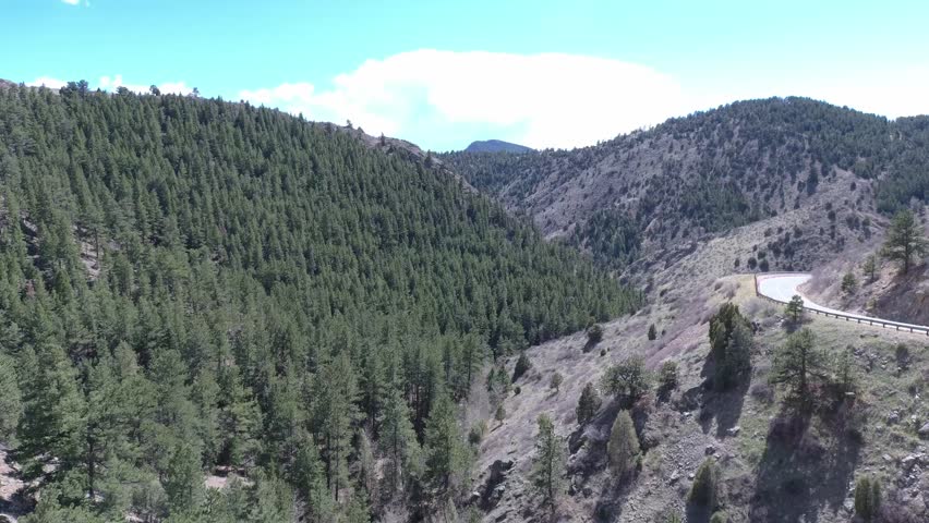 Drone footage of a scenic mountain drive through Colorado Rockies valleys. Winding roads, forests, and peaks under clouds, sun, and clear skies. Perfect for travel, nature, or adventure projects.