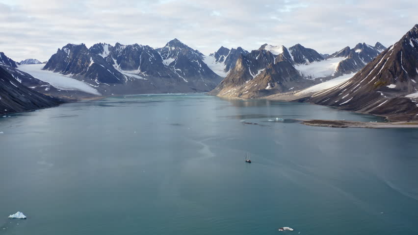 Aerial View Of Rocky Mountains And Fjord In Svalbard, Norway.