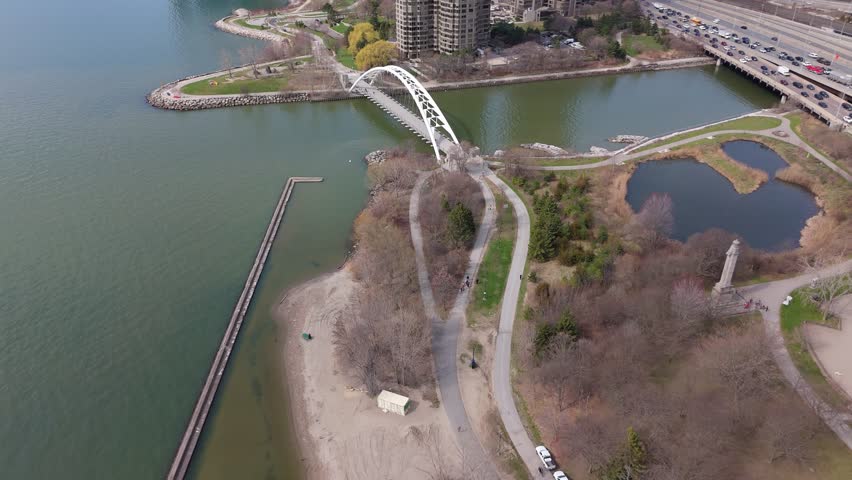 Humber Bay Arch Bridge located in the Parklawn neighborhood of Toronto, aerial establishing