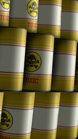Vertical video: Toxic danger barrels in row seamless and loopable concept. Skull chemical warning industrial containers.