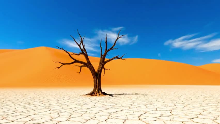 Dry Day in the Desert with a Dead Tree and Cracked Mud.