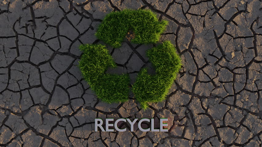 Eco-friendly recycle sign made of grass on cracked soil, symbolizing sustainability and climate change. Beautiful seamless animation for eco projects, environmental campaigns and design.