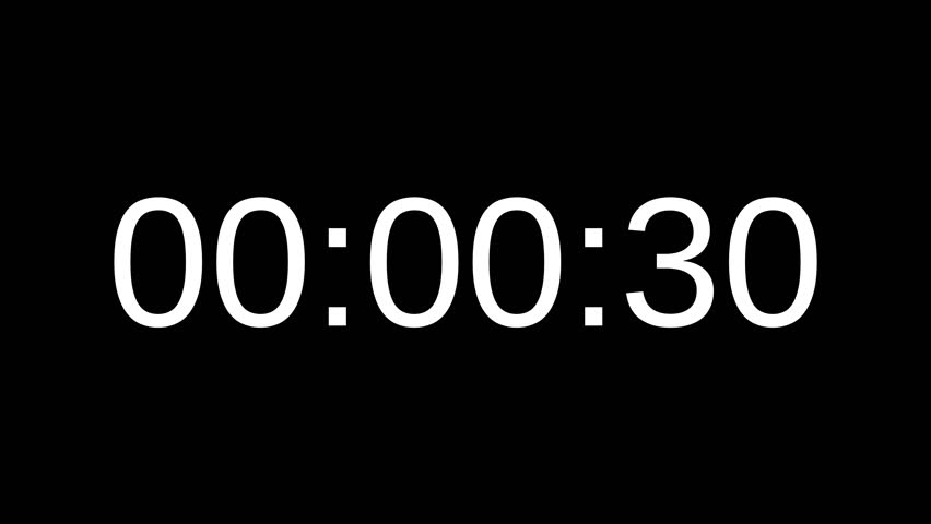 30 second countdown timer with white number on black background. Countdown timer for deadline reminders, time management concepts, and scheduling
