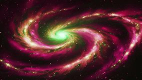 A stunning spiral galaxy with a rotating bright green core, surrounded by sparkling pink and green spiral arms. - Powered by Shutterstock - Get 15% off with code: PIKWIZARD15