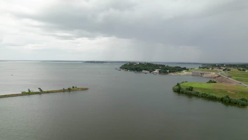 Aerial flight over Eagle Mountain Lake in Texas. Flight is heading approximately north out of the Marina.