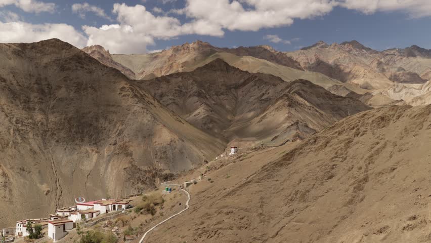 Gompa stupa in Ladakh, mountain landscape with textured shadow and light from clouds, north India.