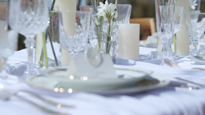 Name Card On A Wedding Reception Table Setting. Close-up Shot