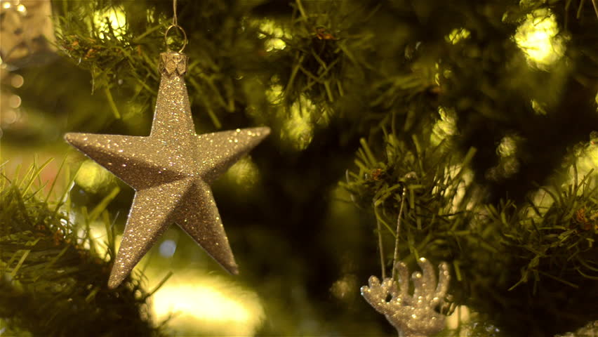 A golden star ornament decoration hanging on a Christmas tree.