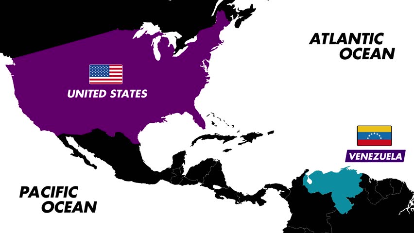 4K Map Animation Of USA Sending Destroyers Toward Venezuela Represented By Dotted Line Across Atlantic With Labeled National Flags