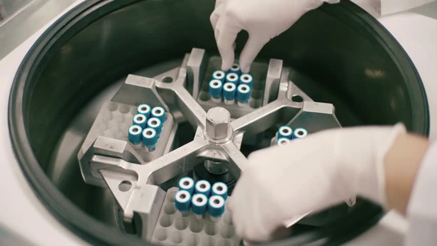 A lab technician carefully places medical test tubes filled with blue liquid into a centrifuge machine, preparing to spin and separate samples for scientific and medical analysis. - Powered by Shutterstock - Get 15% off with code: PIKWIZARD15
