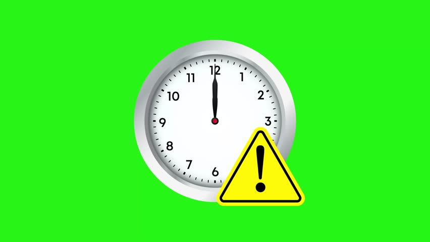 Clock hands moving with alert icon and exclamation mark on green screen background