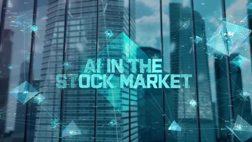 AI in The Stock Market. Businessman Working in Office among Skyscrapers. Hologram Concept