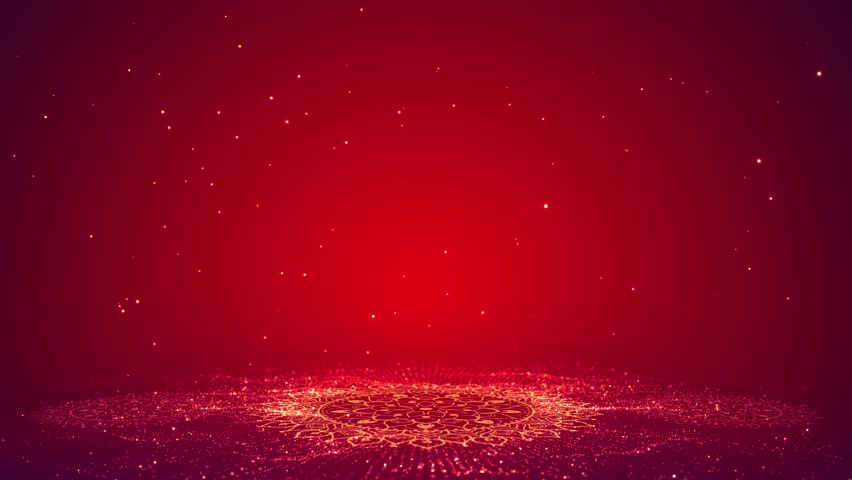 Golden glowing mandala radiates sparkling red festive background particles celebration. for Diwali greetings, wedding luxury invitations, festival branding presentations, Indian ceremonies, holiday