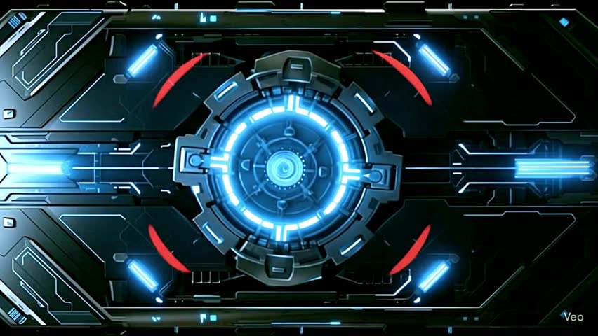 Cinematic black circular gate with red-to-green glowing energy core, mechanical rotation, and pure white light reveal transition. Perfect for event bumpers, intros, or sci-fi openers.