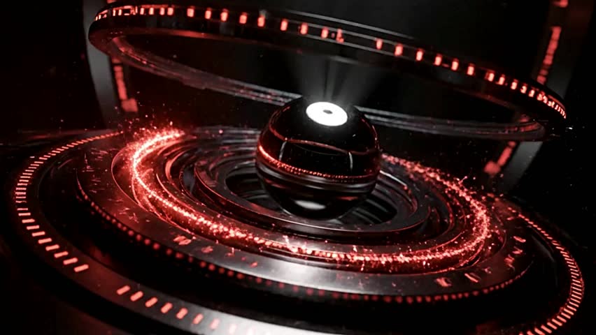 Cinematic animation of a glowing spherical energy core with rotating rings, red-to-green activation, and intense white light burst transition. Perfect for sci-fi bumpers and intros.