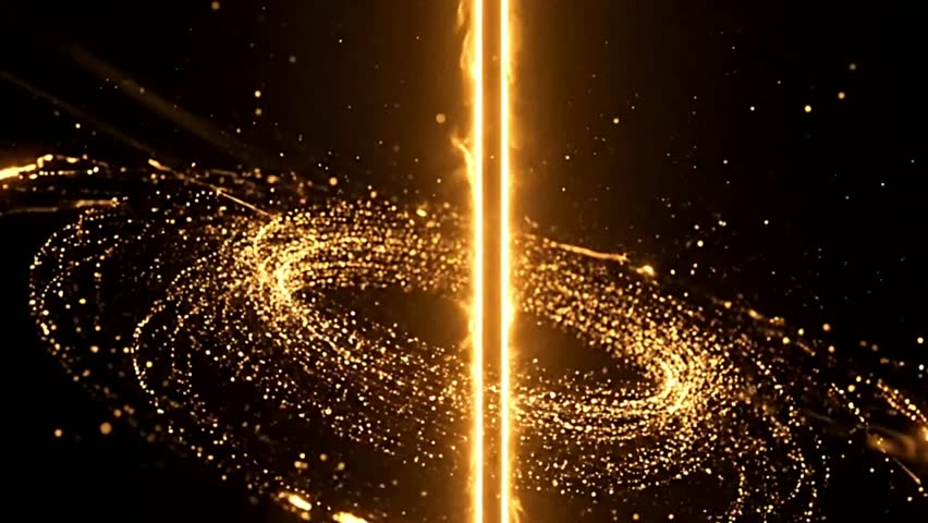 Shimmering golden particles flow in a vortex with glowing light blades that open like futuristic gates, revealing title or logo in cinematic animation.