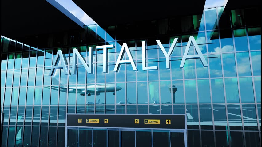 Airlane landing at Antalya. Arrival in the city with reflection of airport and aircraft