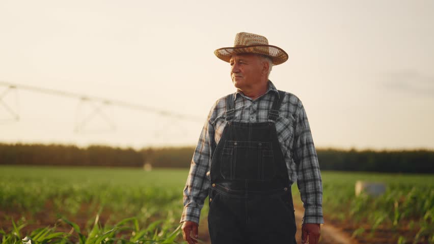 Professional farmer in rural area, portrait of walking farm owner in farmland. Innovative irrigation system for watering and fertilizing growing plants, agronomist stroking fresh leaves of corn plants