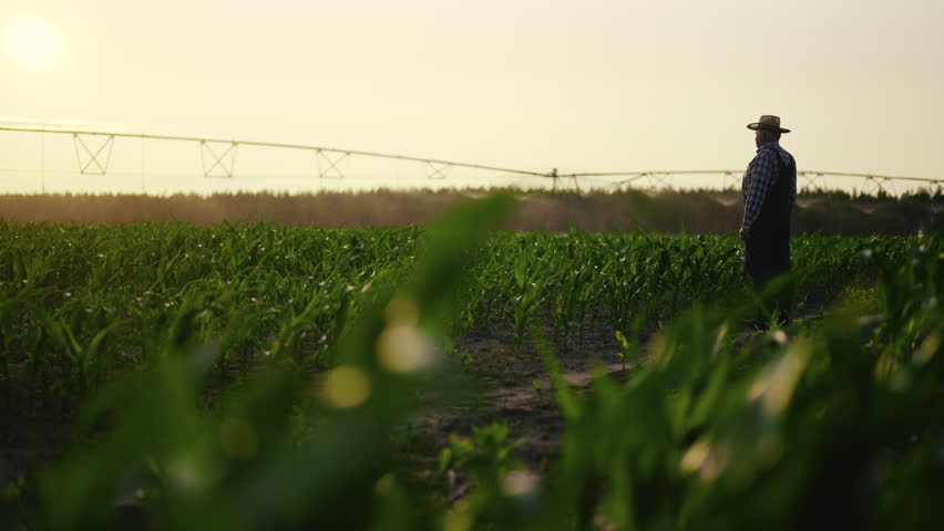 Farming and agriculture in ecological region, one farmer with smartphone walking . Agribusiness in agriculture region, modern technology in agronomy, innovative irrigation system in beautiful farmland