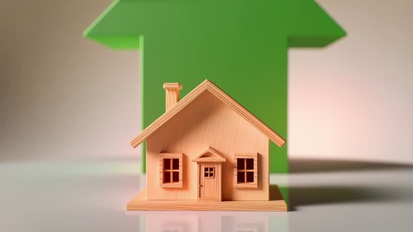 Real estate financial report charts. Business analytics. Miniature house. Data visualization. Real estate price growth and housing market concept with a rising green arrow for real estate in 3D