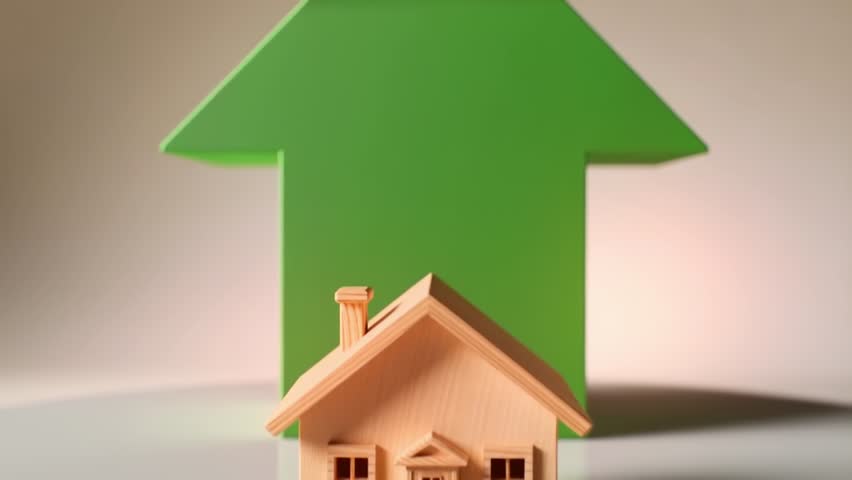 Real estate financial report charts. Business analytics. Miniature house. Data visualization. Real estate price growth and housing market concept with a rising green arrow for real estate in 3D