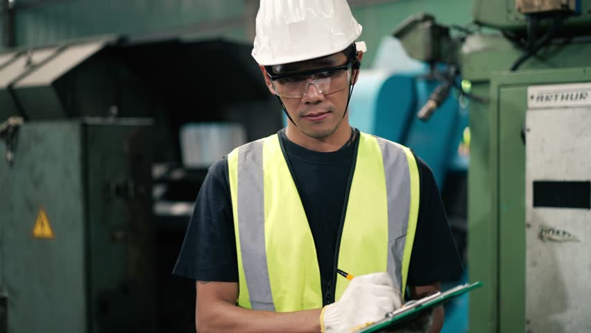 Asian male engineer in safery gear writing on clipboard checking on big machine in the industrial factory, quality control, working at construction site