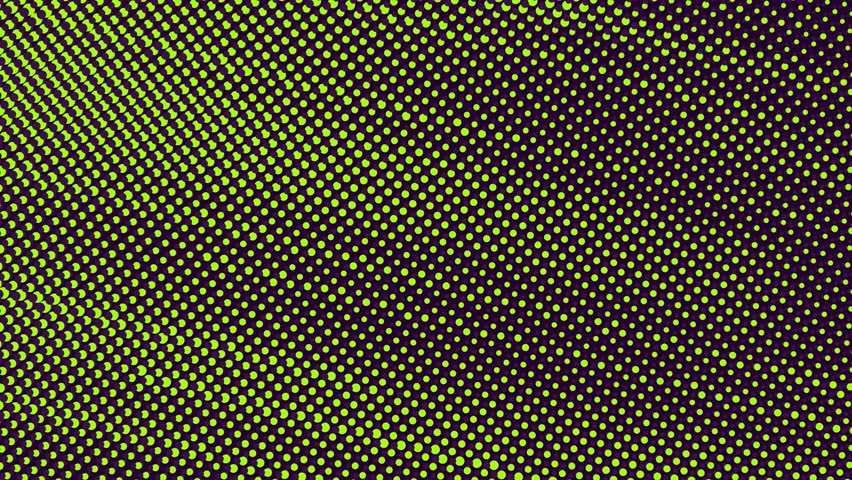 Abstract dark background with green and purple halftone dot patterns in retro magazine style. For futuristic overlays, tech visuals, and cyber transitions. Dynamic hypnotic effect.