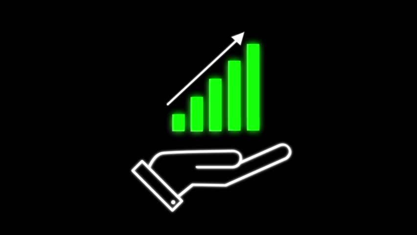 Loopable animation of a hand icon revealing a glowing green bar graph that rises and retracts into the palm. Perfect for finance, business, growth metrics, presentations, analytics, and dashboards.