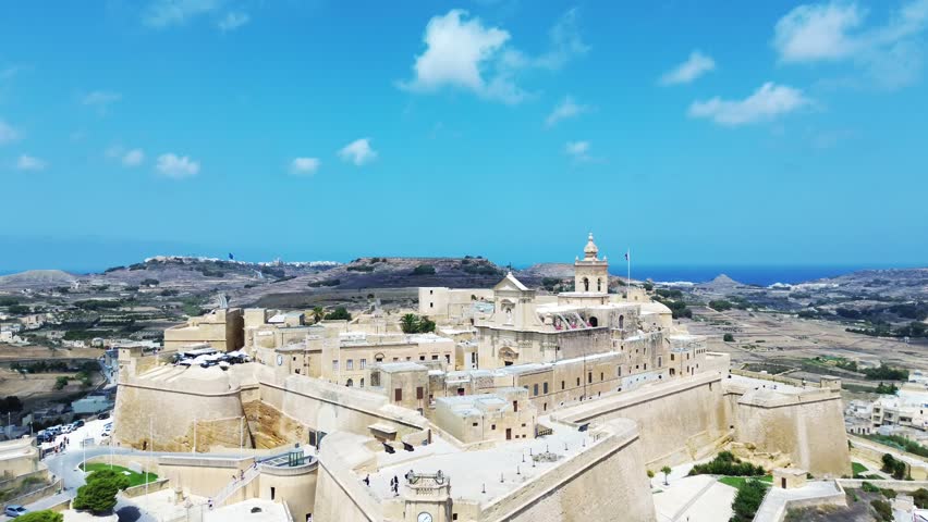Aerial view circling Gozo's Citadel in Victoria, Malta